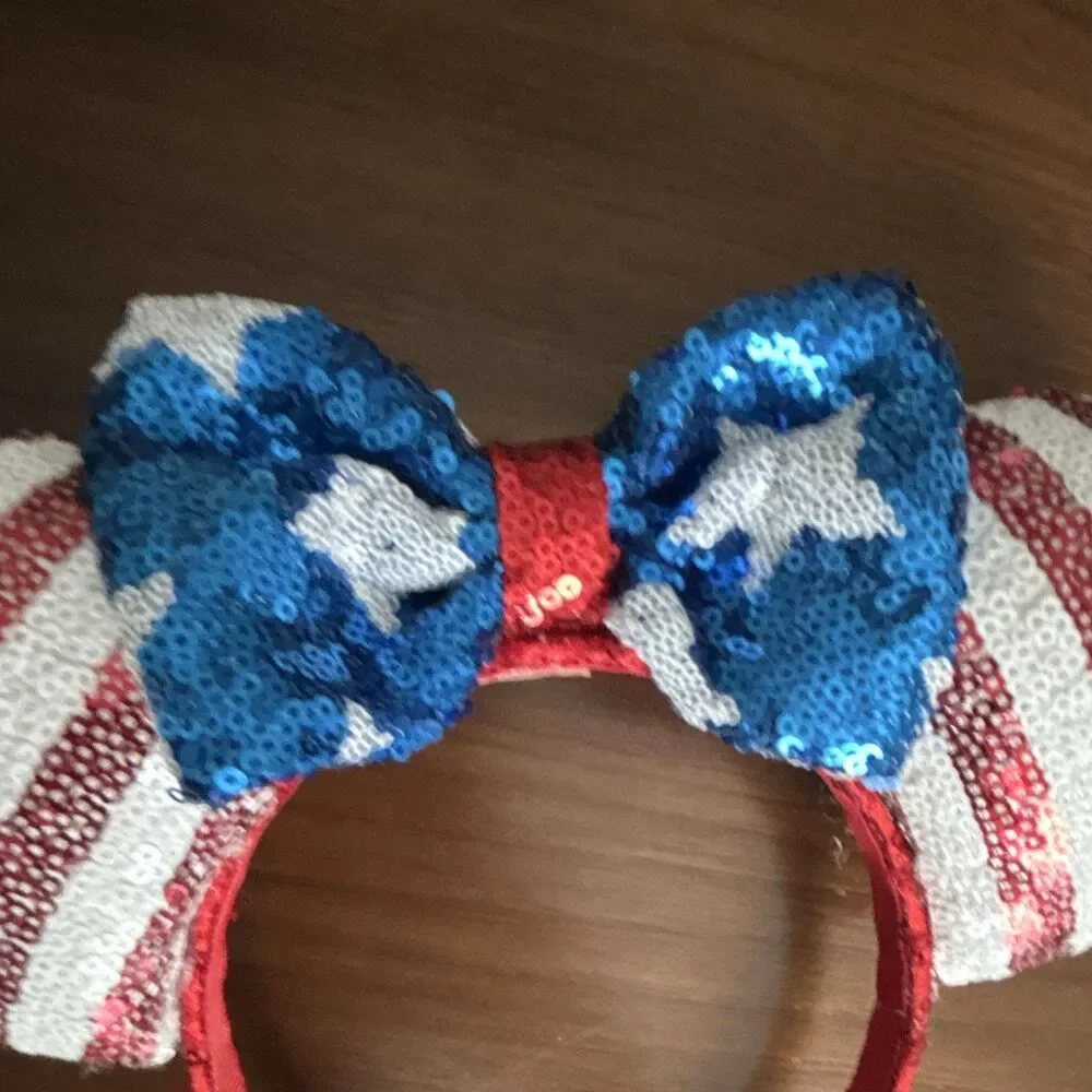 Disney Minnie Mouse USA Sequined Ears Bow Headband Striped Red/White/Blue